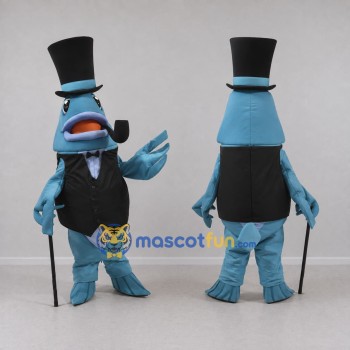 Custom Blue and Black Fish in a Top Hat and Vest Mascot Costume Adult Full Body Suit for Theme Parties