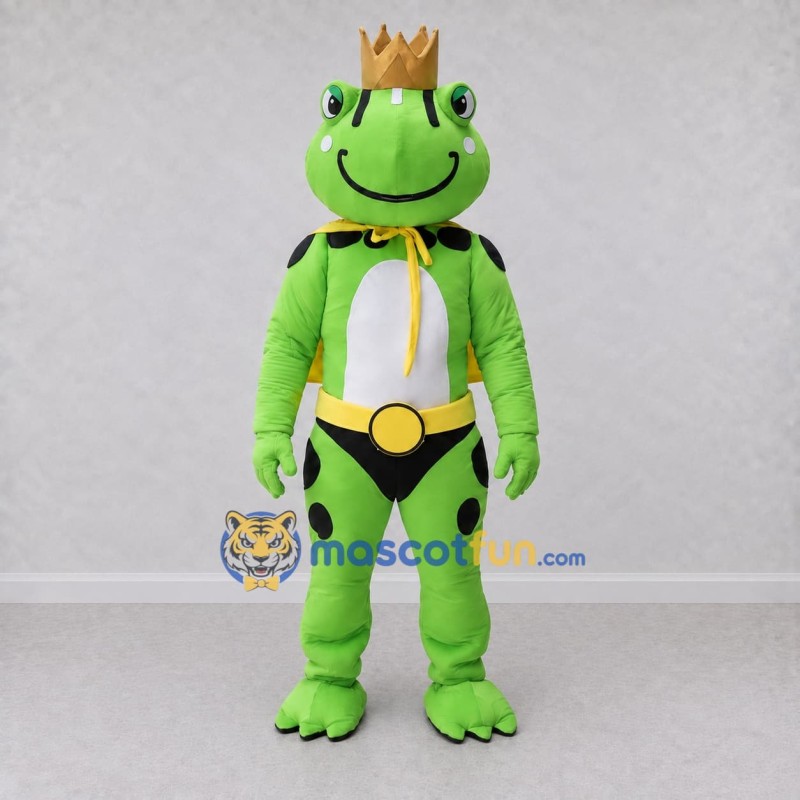 Custom Green and Yellow Frog King with a Cape Mascot Costume Adult Full Body Suit for Theme Parties