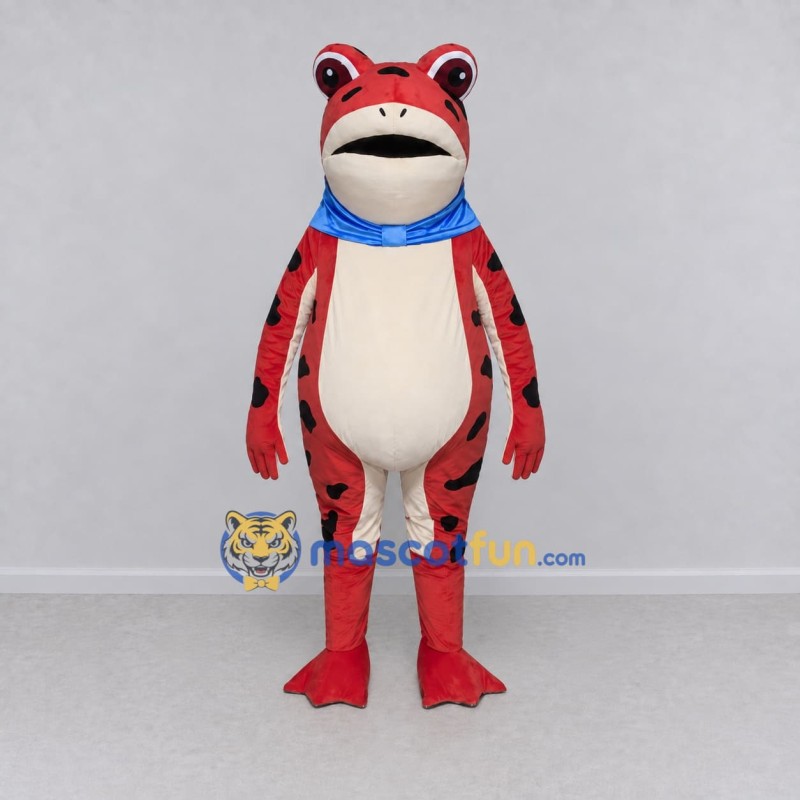 Custom Red and Black Spotted Frog with a Scarf Mascot Costume Adult Full Body Suit for School Events Custom Red and Black Spotted Frog with a Scarf Mascot Costume Adult Full Body Suit for School Events