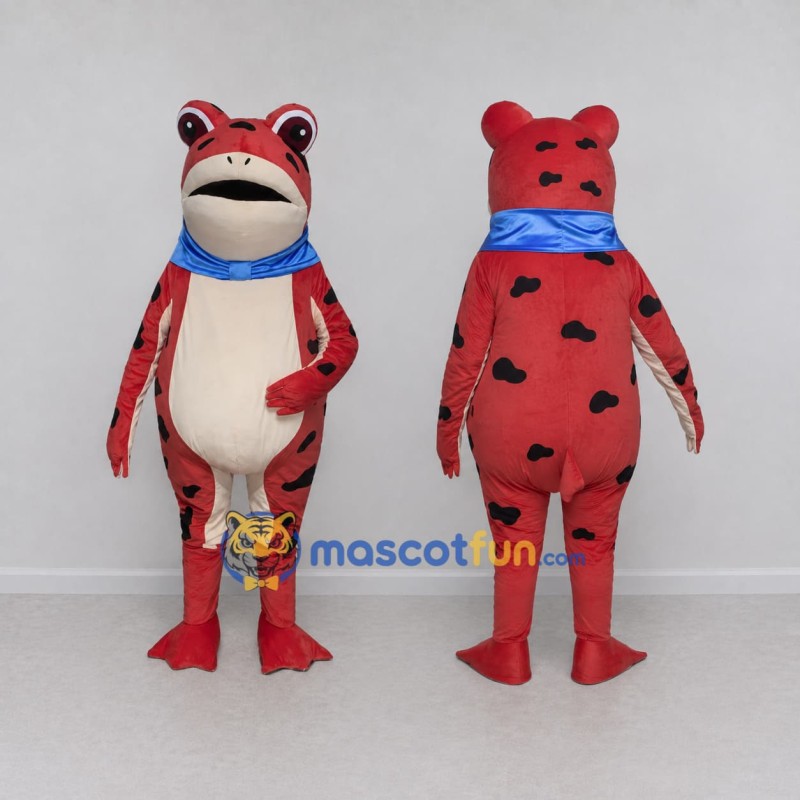 Custom Red and Black Spotted Frog with a Scarf Mascot Costume Adult Full Body Suit for School Events Custom Red and Black Spotted Frog with a Scarf Mascot Costume Adult Full Body Suit for School Events