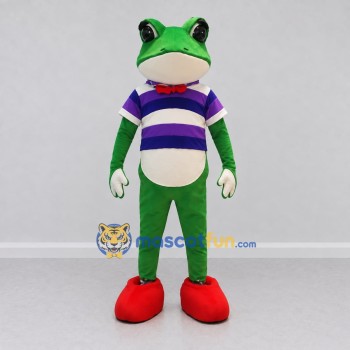 Custom Green and Purple Frog in a Striped Shirt Mascot Costume Adult Full Body Suit for School Events