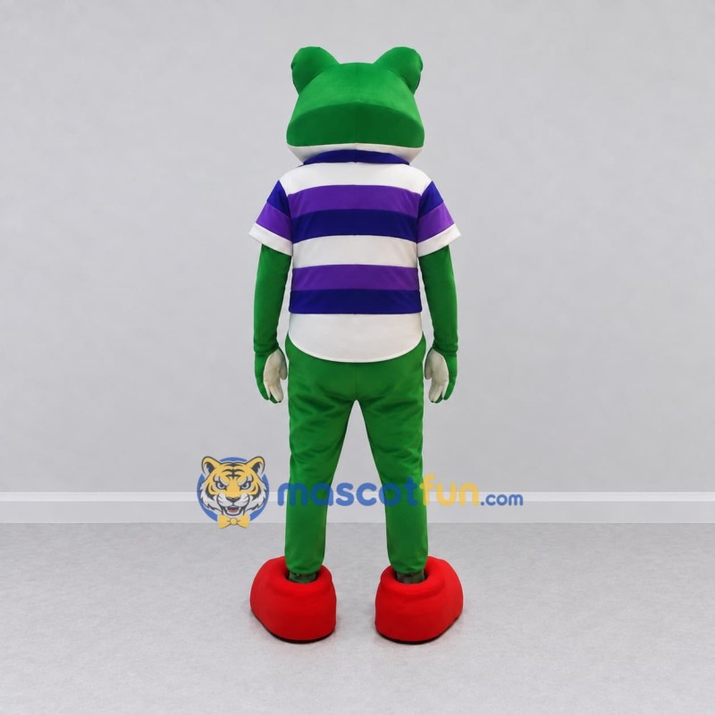 Custom Green and Purple Frog in a Striped Shirt Mascot Costume Adult Full Body Suit for School Events Custom Green and Purple Frog in a Striped Shirt Mascot Costume Adult Full Body Suit for School Events