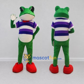 Custom Green and Purple Frog in a Striped Shirt Mascot Costume Adult Full Body Suit for School Events