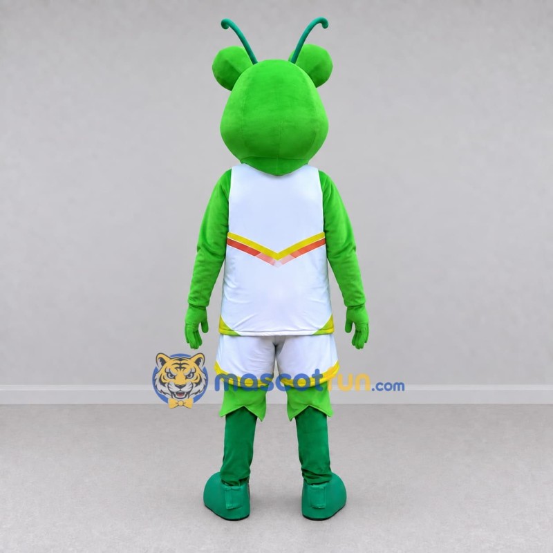 Custom Green and White Grasshopper Character in Sportswear Mascot Costume Adult Full Body Suit for Sports Events Custom Green and White Grasshopper Character in Sportswear Mascot Costume Adult Full Body Suit for Sports Events