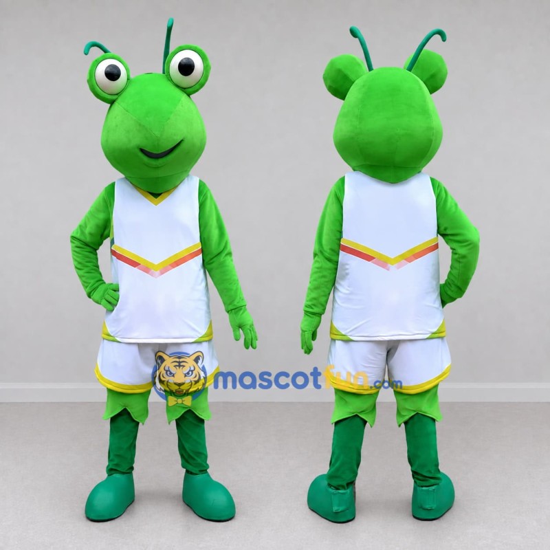 Custom Green and White Grasshopper Character in Sportswear Mascot Costume Adult Full Body Suit for Sports Events Custom Green and White Grasshopper Character in Sportswear Mascot Costume Adult Full Body Suit for Sports Events