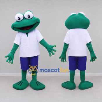 Custom Teal and White Frog in a Shirt and Shorts Mascot Costume Adult Full Body Suit for School Events