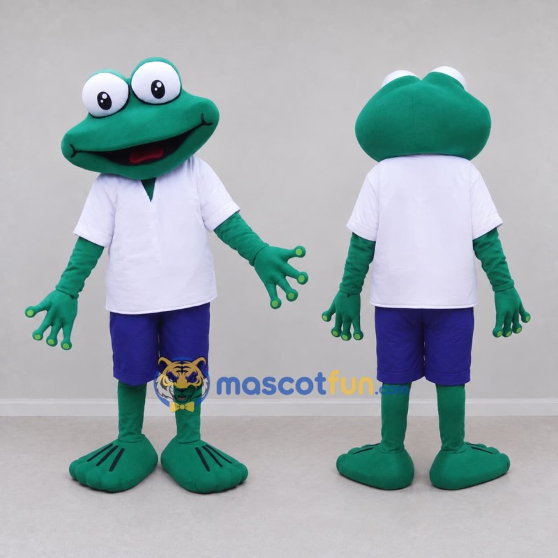 Custom Teal and White Frog in a Shirt and Shorts Mascot Costume Adult Full Body Suit for School Events Custom Teal and White Frog in a Shirt and Shorts Mascot Costume Adult Full Body Suit for School Events