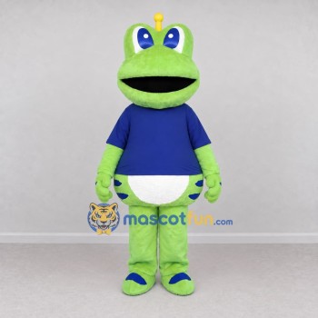 Custom Light Green and Blue Frog Character in a Shirt Mascot Costume Adult Full Body Suit for School Events