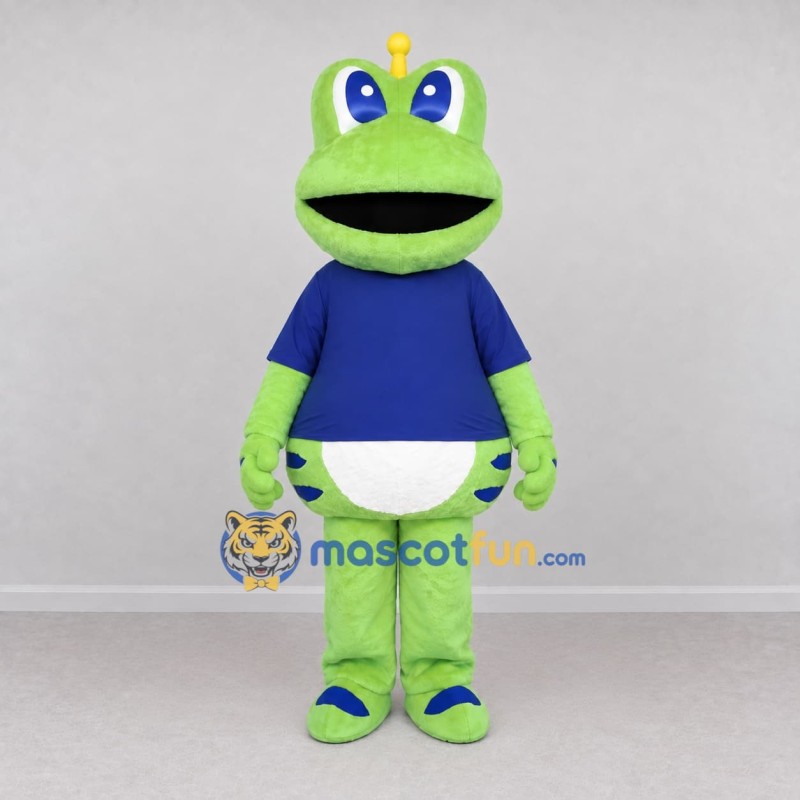 Custom Light Green and Blue Frog Character in a Shirt Mascot Costume Adult Full Body Suit for School Events Custom Light Green and Blue Frog Character in a Shirt Mascot Costume Adult Full Body Suit for School Events