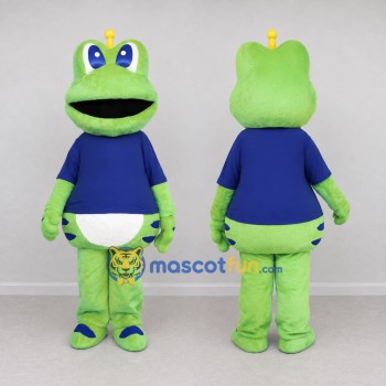 Custom Light Green and Blue Frog Character in a Shirt Mascot Costume Adult Full Body Suit for School Events