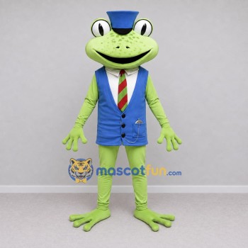 Custom Light Green and Blue Frog in a Vest and Hat Mascot Costume Adult Full Body Suit for Theme Parties Custom Light Green and Blue Frog in a Vest and Hat Mascot Costume Adult Full Body Suit for Theme Parties