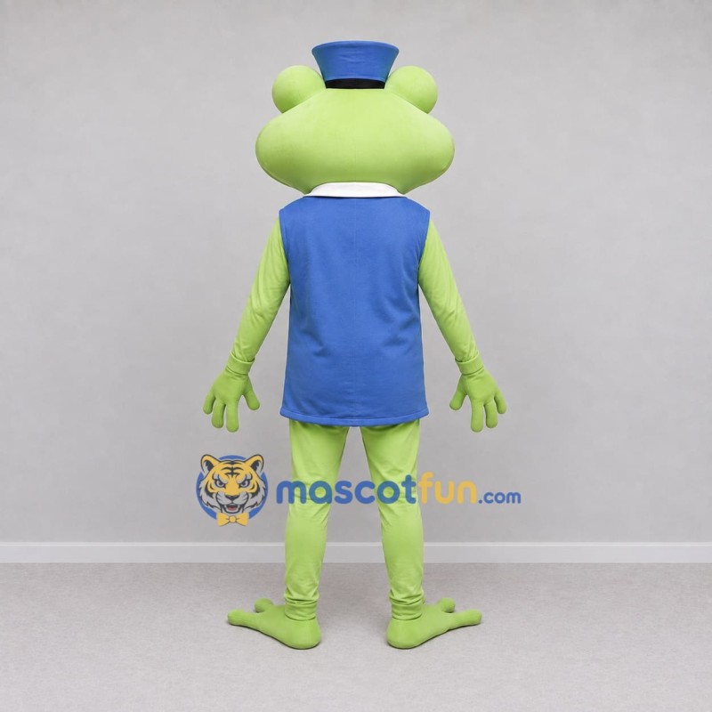 Custom Light Green and Blue Frog in a Vest and Hat Mascot Costume Adult Full Body Suit for Theme Parties Custom Light Green and Blue Frog in a Vest and Hat Mascot Costume Adult Full Body Suit for Theme Parties