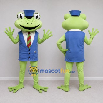 Custom Light Green and Blue Frog in a Vest and Hat Mascot Costume Adult Full Body Suit for Theme Parties