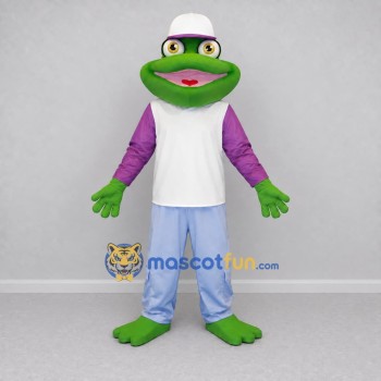 Custom Green and Purple Frog in Casual Clothes Mascot Costume Adult Full Body Suit for School Events Custom Green and Purple Frog in Casual Clothes Mascot Costume Adult Full Body Suit for School Events