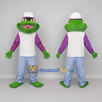Custom Green and Purple Frog in Casual Clothes Mascot Costume Adult Full Body Suit for School Events