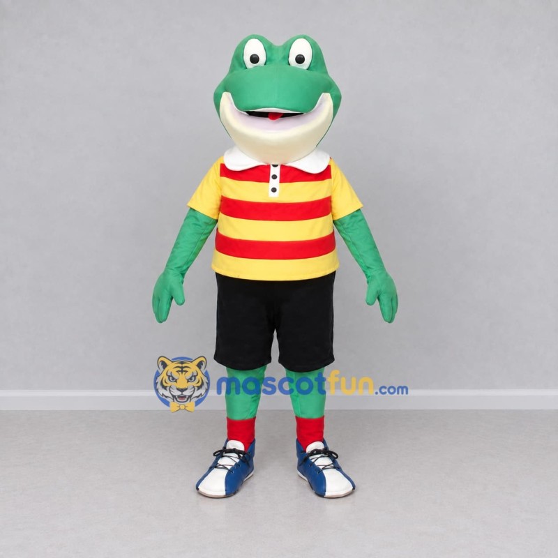Custom Green and Yellow Frog in a Striped Shirt Mascot Costume Adult Full Body Suit for School Events
