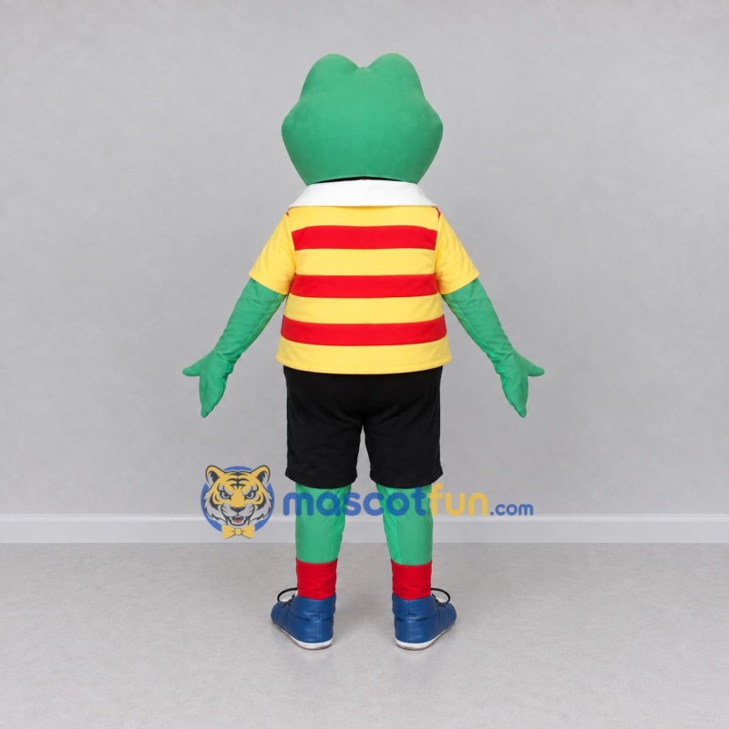 Custom Green and Yellow Frog in a Striped Shirt Mascot Costume Adult Full Body Suit for School Events