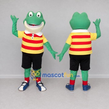 Custom Green and Yellow Frog in a Striped Shirt Mascot Costume Adult Full Body Suit for School Events