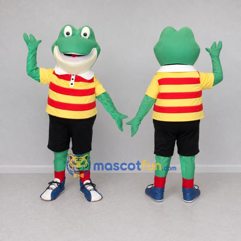 Custom Green and Yellow Frog in a Striped Shirt Mascot Costume Adult Full Body Suit for School Events