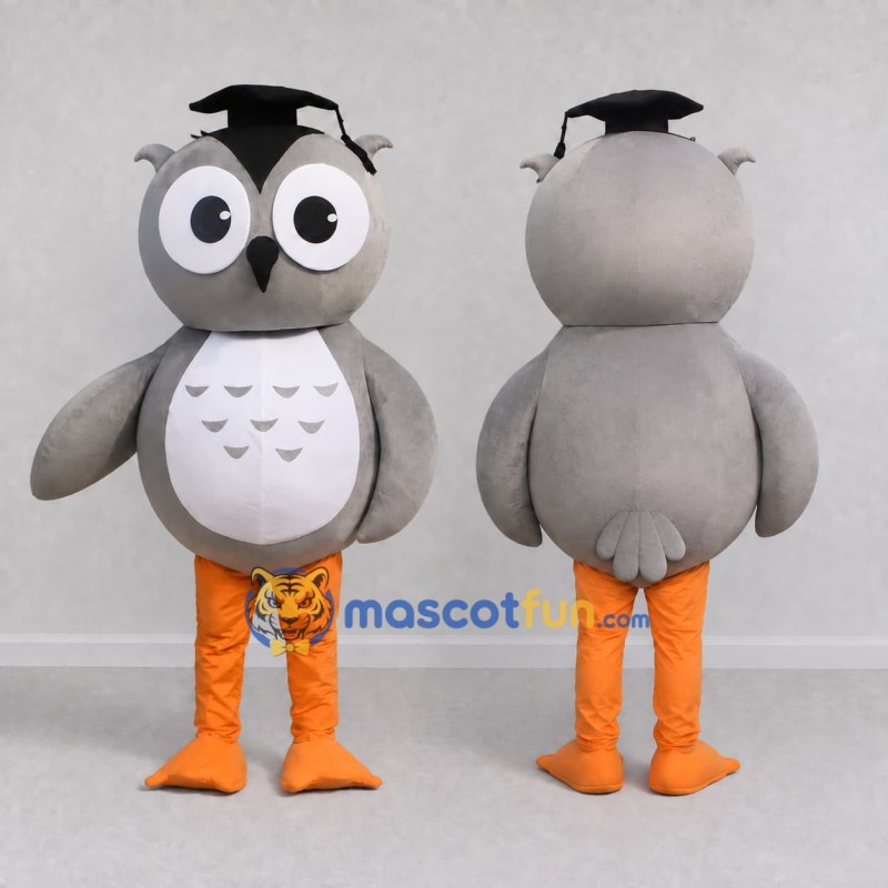 Custom Gray and White Owl with a Graduation Cap Mascot Costume Adult Full Body Suit for School Events Custom Gray and White Owl with a Graduation Cap Mascot Costume Adult Full Body Suit for School Events