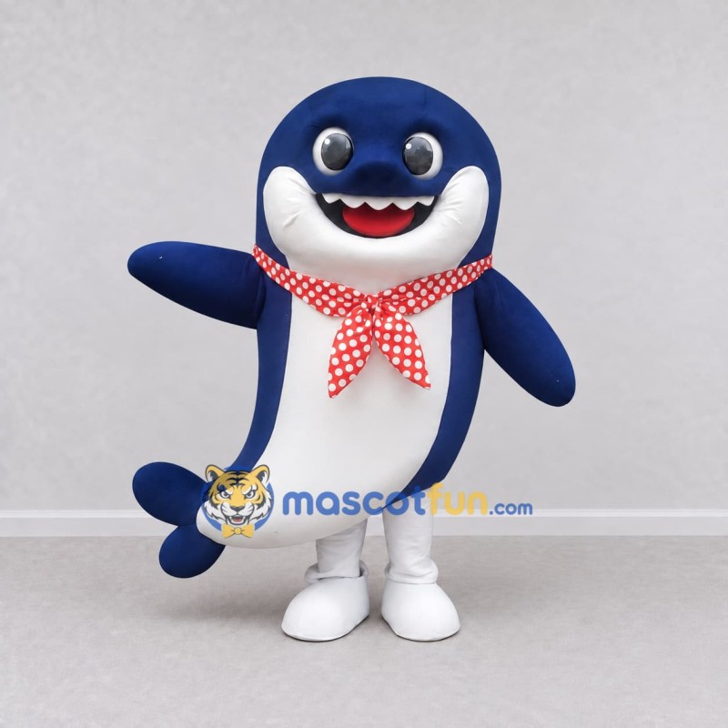 Custom Blue and White Shark Character with a Scarf Mascot Costume Adult Full Body Suit for Ocean Events Custom Blue and White Shark Character with a Scarf Mascot Costume Adult Full Body Suit for Ocean Events