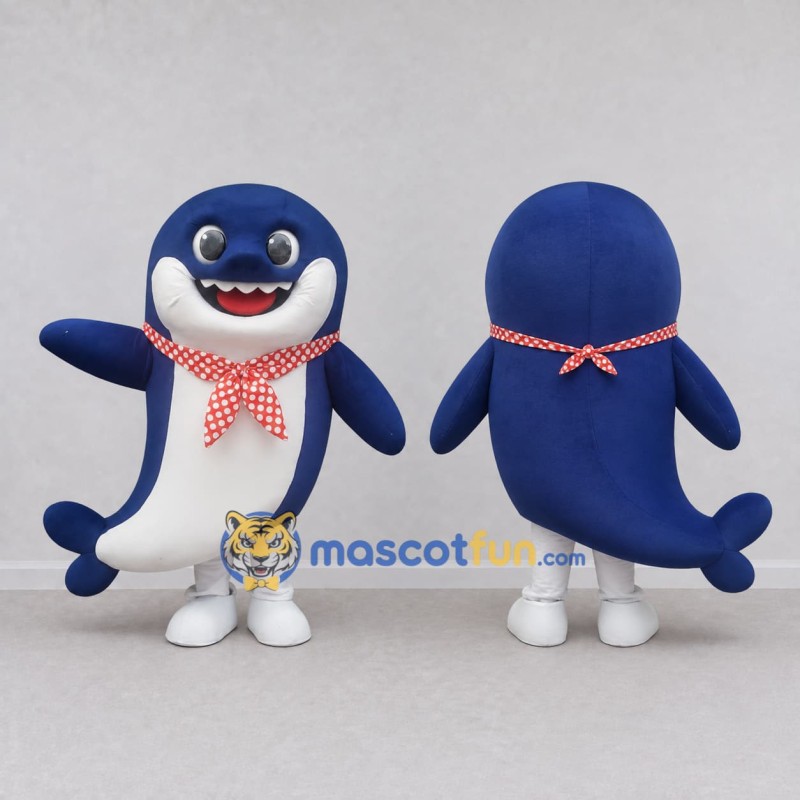 Custom Blue and White Shark Character with a Scarf Mascot Costume Adult Full Body Suit for Ocean Events Custom Blue and White Shark Character with a Scarf Mascot Costume Adult Full Body Suit for Ocean Events