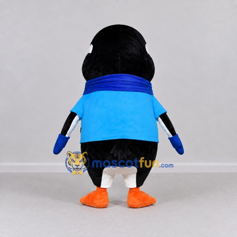 Custom Black and Blue Penguin in a Shirt and Scarf Mascot Costume Adult Full Body Suit for Winter Events Custom Black and Blue Penguin in a Shirt and Scarf Mascot Costume Adult Full Body Suit for Winter Events