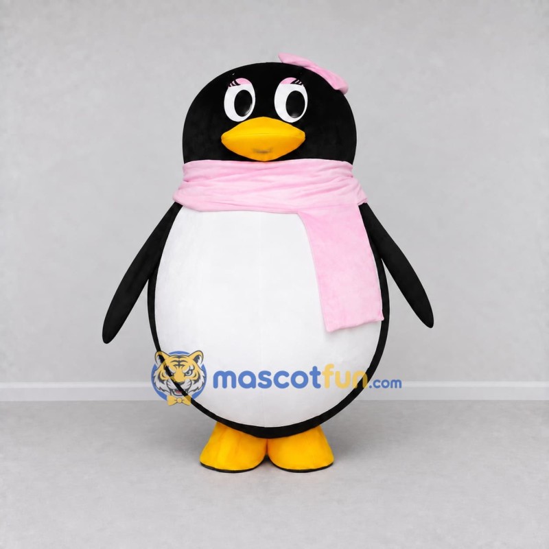 Custom Black and White Penguin with a Pink Scarf Mascot Costume Adult Full Body Suit for Winter Events Custom Black and White Penguin with a Pink Scarf Mascot Costume Adult Full Body Suit for Winter Events