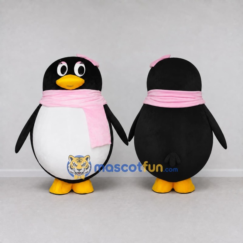 Custom Black and White Penguin with a Pink Scarf Mascot Costume Adult Full Body Suit for Winter Events Custom Black and White Penguin with a Pink Scarf Mascot Costume Adult Full Body Suit for Winter Events