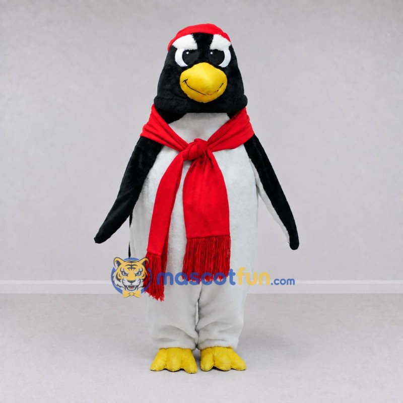 Custom Black and White Penguin with a Red Scarf Mascot Costume Adult Full Body Suit for Winter Events Custom Black and White Penguin with a Red Scarf Mascot Costume Adult Full Body Suit for Winter Events