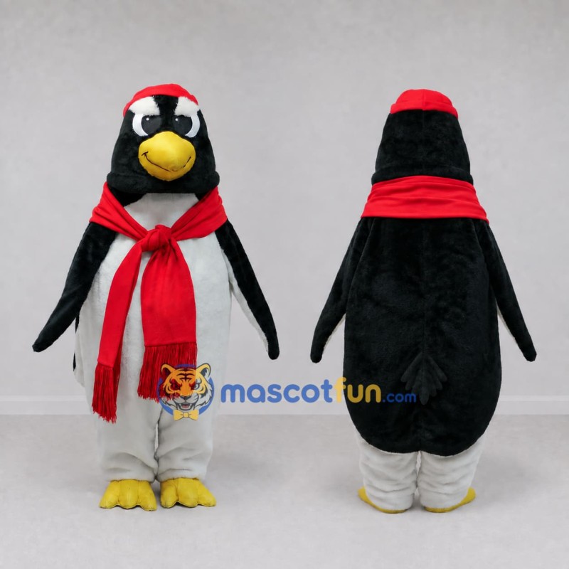 Custom Black and White Penguin with a Red Scarf Mascot Costume Adult Full Body Suit for Winter Events Custom Black and White Penguin with a Red Scarf Mascot Costume Adult Full Body Suit for Winter Events