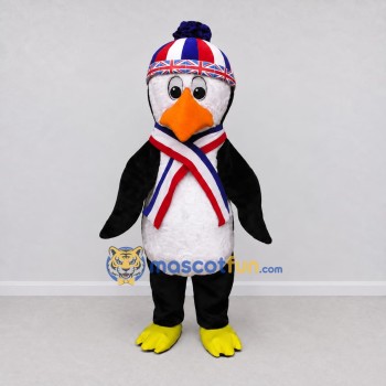 Custom Black and White Penguin in a Winter Hat and Scarf Mascot Costume Adult Full Body Suit for Winter Events Custom Black and White Penguin in a Winter Hat and Scarf Mascot Costume Adult Full Body Suit for Winter Events