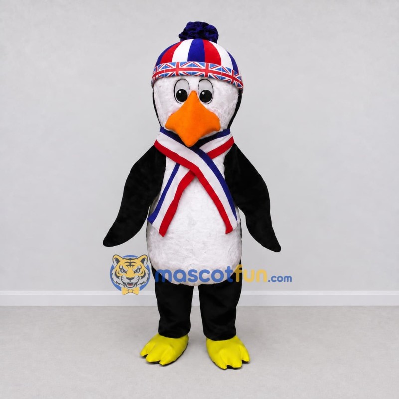 Custom Black and White Penguin in a Winter Hat and Scarf Mascot Costume Adult Full Body Suit for Winter Events Custom Black and White Penguin in a Winter Hat and Scarf Mascot Costume Adult Full Body Suit for Winter Events