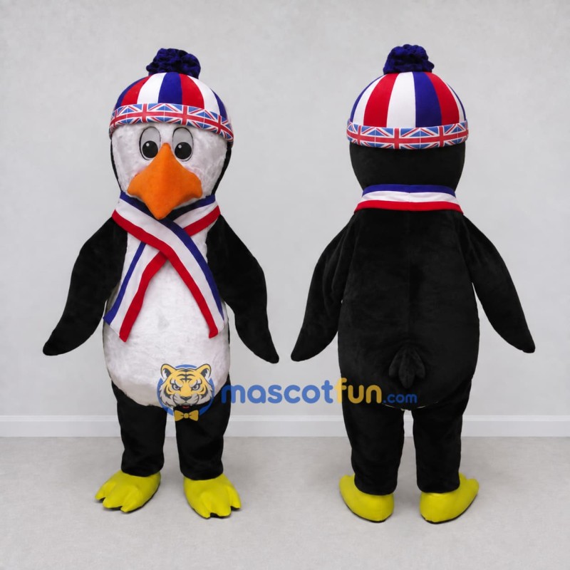 Custom Black and White Penguin in a Winter Hat and Scarf Mascot Costume Adult Full Body Suit for Winter Events Custom Black and White Penguin in a Winter Hat and Scarf Mascot Costume Adult Full Body Suit for Winter Events