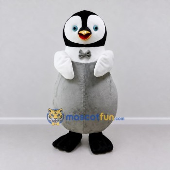 Custom Gray and White Penguin Chick Character with a Bow Tie Mascot Costume Adult Full Body Suit for Winter Events Custom Gray and White Penguin Chick Character with a Bow Tie Mascot Costume Adult Full Body Suit for Winter Events