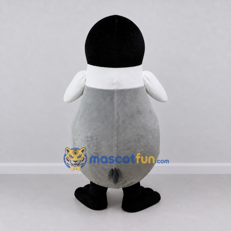 Custom Gray and White Penguin Chick Character with a Bow Tie Mascot Costume Adult Full Body Suit for Winter Events Custom Gray and White Penguin Chick Character with a Bow Tie Mascot Costume Adult Full Body Suit for Winter Events