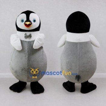 Custom Gray and White Penguin Chick Character with a Bow Tie Mascot Costume Adult Full Body Suit for Winter Events