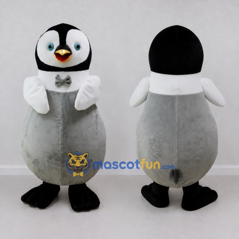 Custom Gray and White Penguin Chick Character with a Bow Tie Mascot Costume Adult Full Body Suit for Winter Events Custom Gray and White Penguin Chick Character with a Bow Tie Mascot Costume Adult Full Body Suit for Winter Events