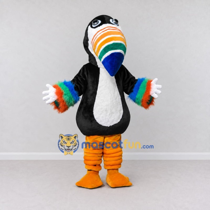 Custom Black and White Toucan Character with a Rainbow Beak Mascot Costume Adult Full Body Suit for Theme Parties Custom Black and White Toucan Character with a Rainbow Beak Mascot Costume Adult Full Body Suit for Theme Parties
