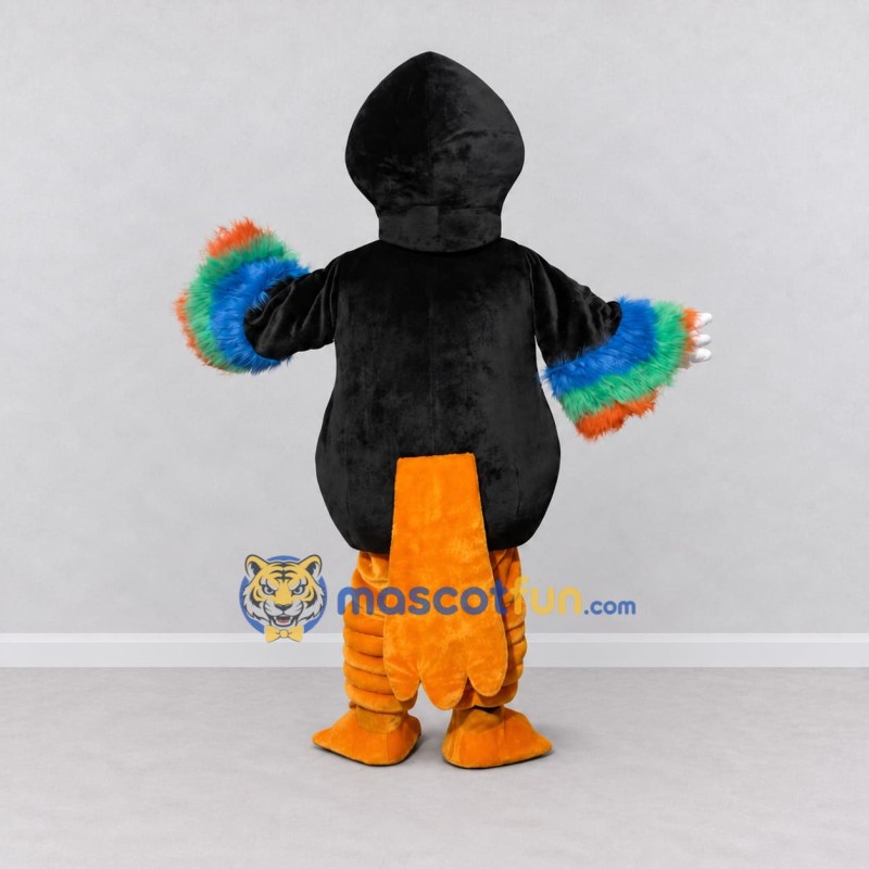 Custom Black and White Toucan Character with a Rainbow Beak Mascot Costume Adult Full Body Suit for Theme Parties Custom Black and White Toucan Character with a Rainbow Beak Mascot Costume Adult Full Body Suit for Theme Parties