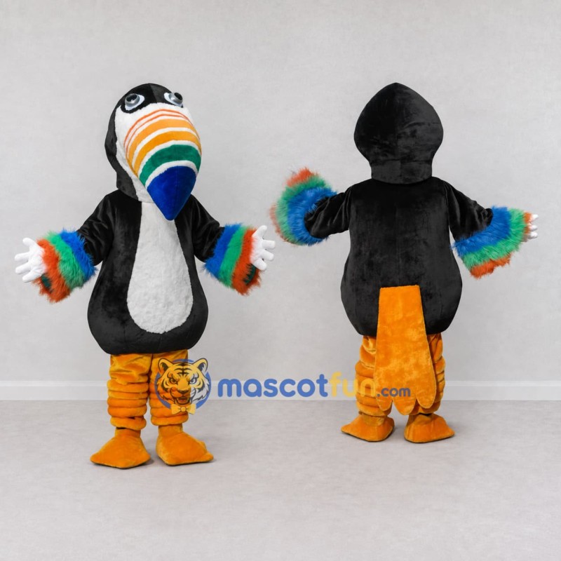 Custom Black and White Toucan Character with a Rainbow Beak Mascot Costume Adult Full Body Suit for Theme Parties Custom Black and White Toucan Character with a Rainbow Beak Mascot Costume Adult Full Body Suit for Theme Parties