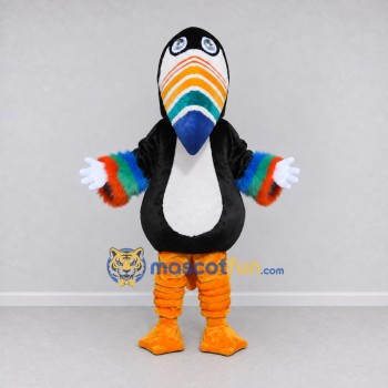 Custom Black and White Toucan Character with a Rainbow Beak Mascot Costume Adult Full Body Suit for Theme Parties Custom Black and White Toucan Character with a Rainbow Beak Mascot Costume Adult Full Body Suit for Theme Parties