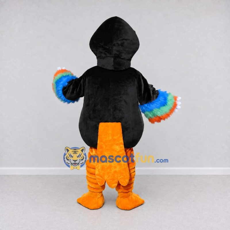 Custom Black and White Toucan Character with a Rainbow Beak Mascot Costume Adult Full Body Suit for Theme Parties