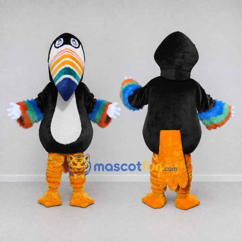 Custom Black and White Toucan Character with a Rainbow Beak Mascot Costume Adult Full Body Suit for Theme Parties