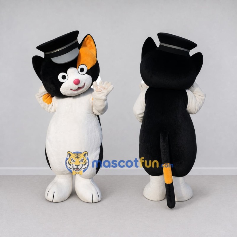Custom Black White and Orange Calico Cat Character with a Top Hat Mascot Costume Adult Full Body Suit for Theme Parties Custom Black White and Orange Calico Cat Character with a Top Hat Mascot Costume Adult Full Body Suit for Theme Parties