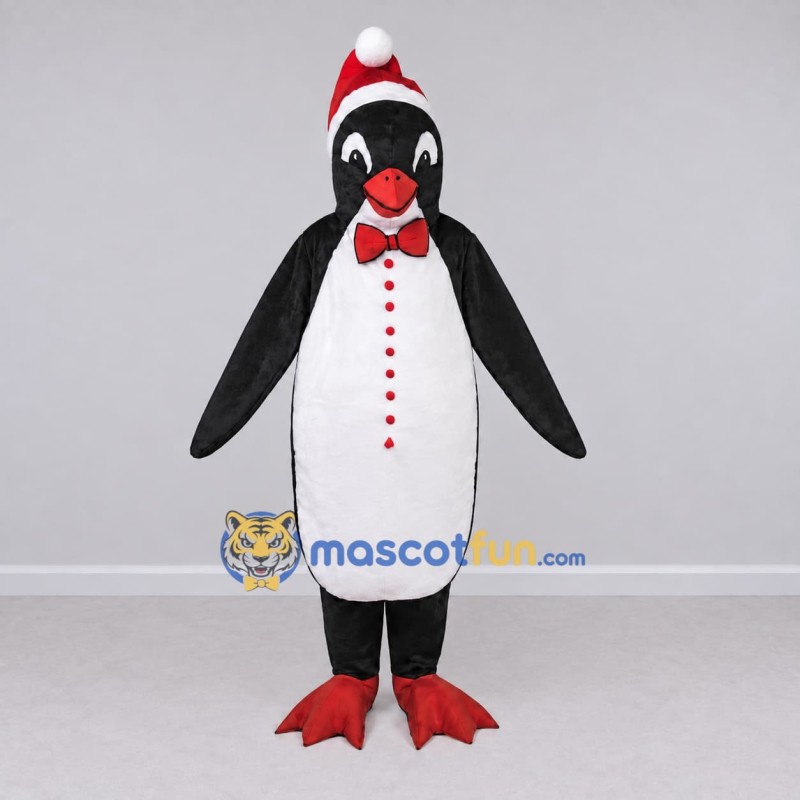 Custom Black and White Penguin with a Santa Hat Mascot Costume Adult Full Body Suit for Christmas Events Custom Black and White Penguin with a Santa Hat Mascot Costume Adult Full Body Suit for Christmas Events