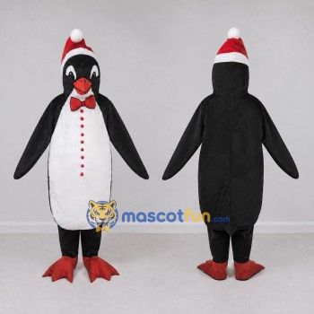 Custom Black and White Penguin with a Santa Hat Mascot Costume Adult Full Body Suit for Christmas Events