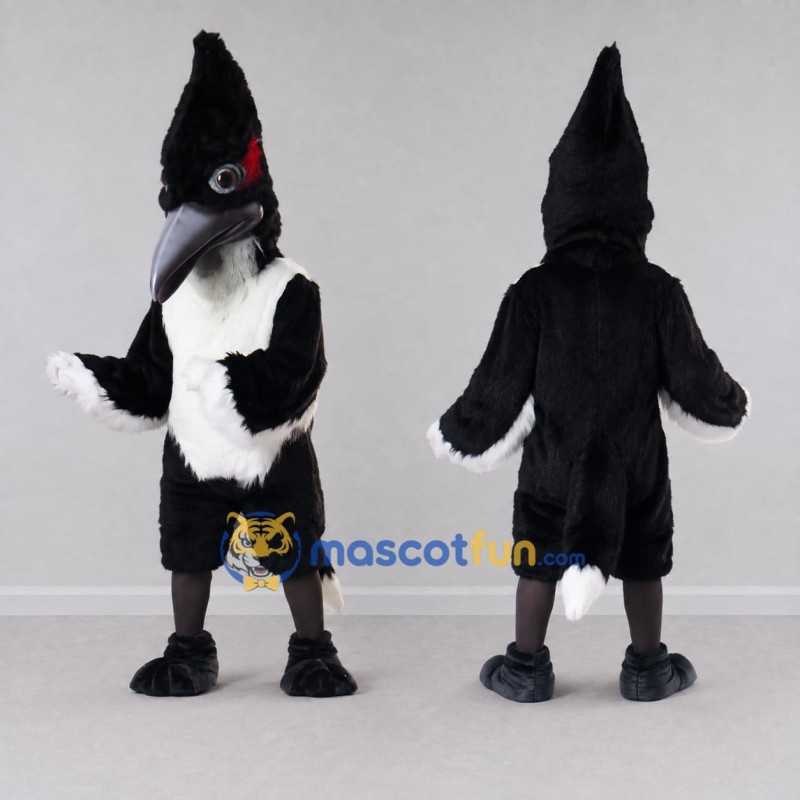 Custom Black and White Crested Bird Character Mascot Costume Adult Full Body Suit for Wildlife Events Custom Black and White Crested Bird Character Mascot Costume Adult Full Body Suit for Wildlife Events