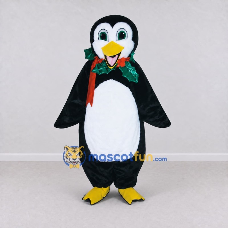 Custom Black and White Penguin with a Holiday Scarf Mascot Costume Adult Full Body Suit for Christmas Events