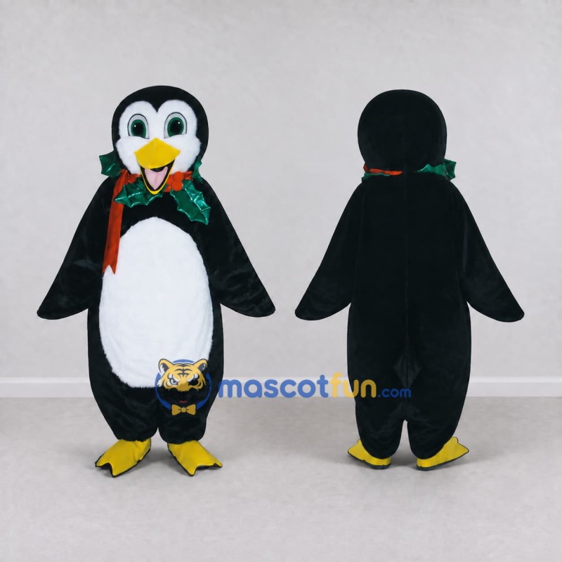 Custom Black and White Penguin with a Holiday Scarf Mascot Costume Adult Full Body Suit for Christmas Events